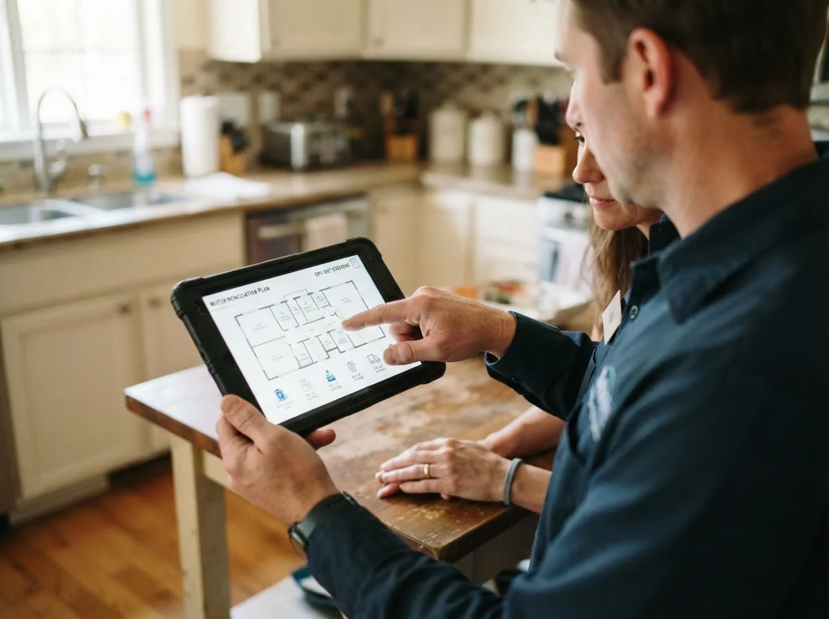 Water damage restoration technician inspecting a home in Heron, MT